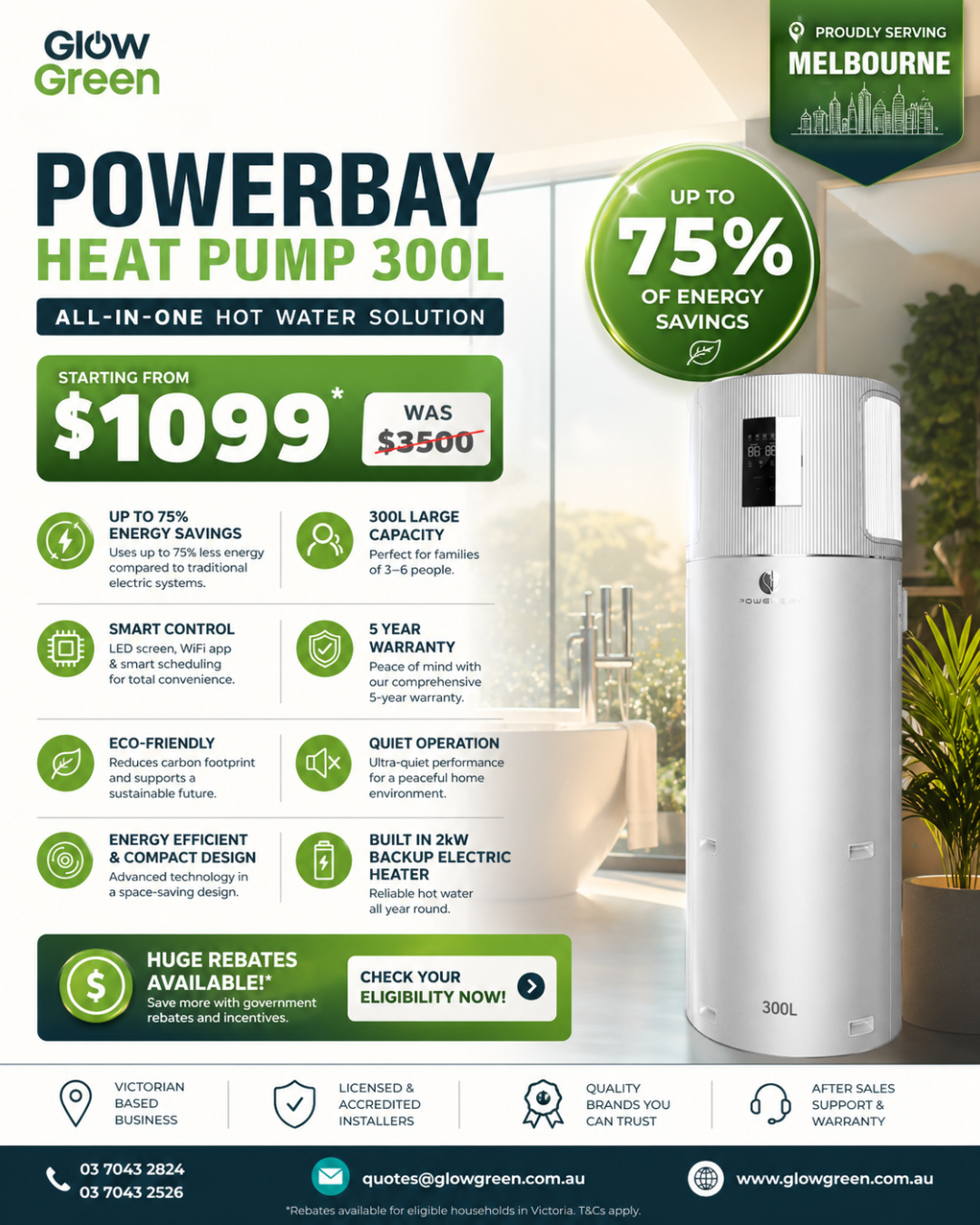 Glow Green Au Facebook ad: Powerbay 300L Heat Pump, Save Up to 75%