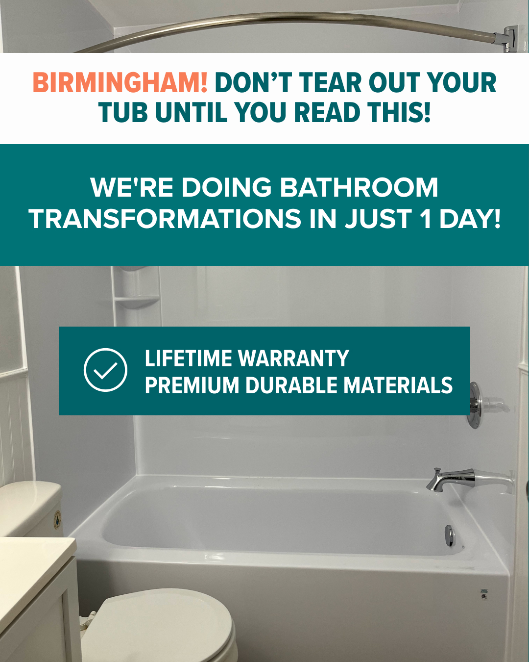 Bath Fitter Facebook ad: BIRMINGHAM HOMEOWNERS: 1-Day Tub & Shower Remodels