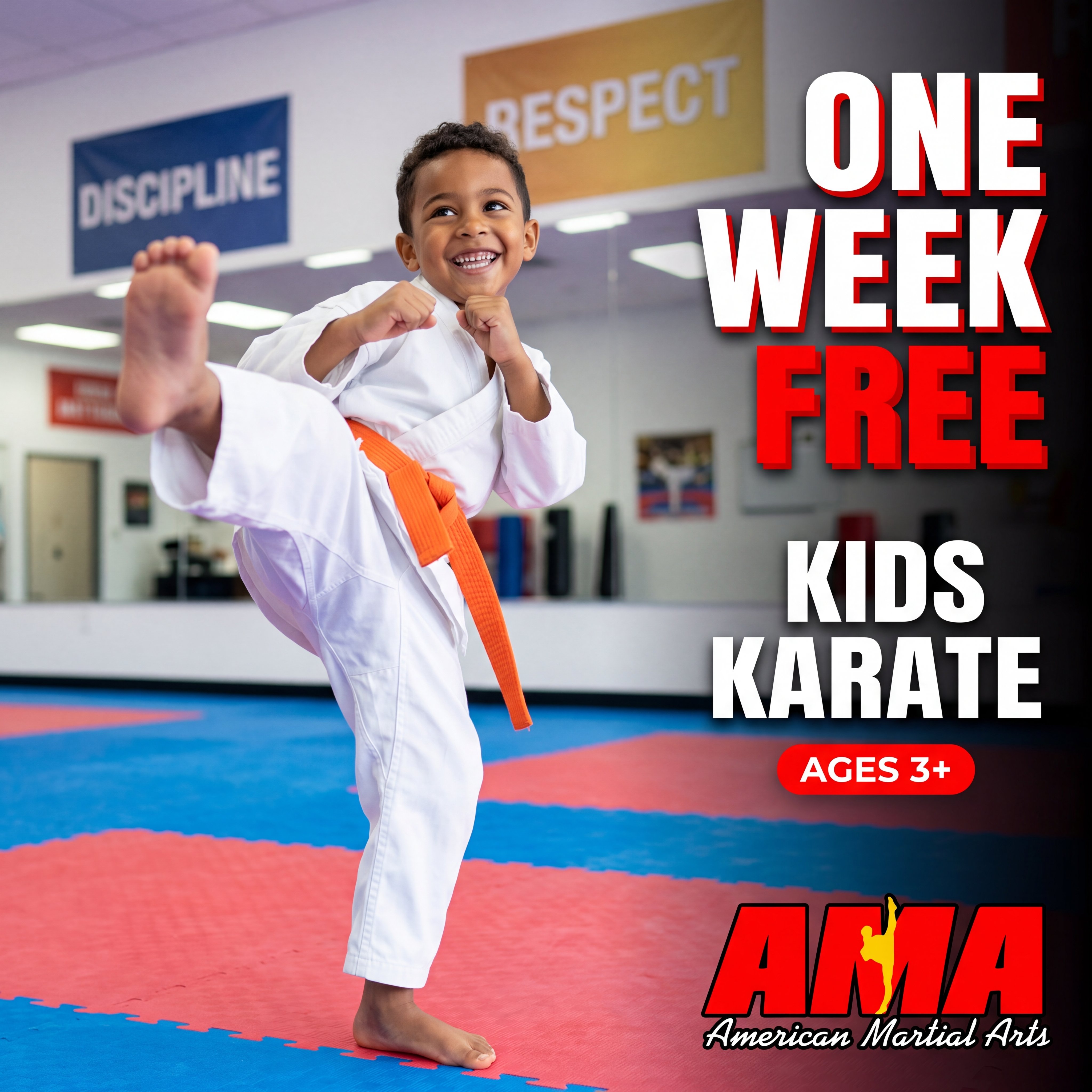 American Martial Arts Smithfield Facebook ad: ONE WEEK FREE, Kids Karate in Smithfield