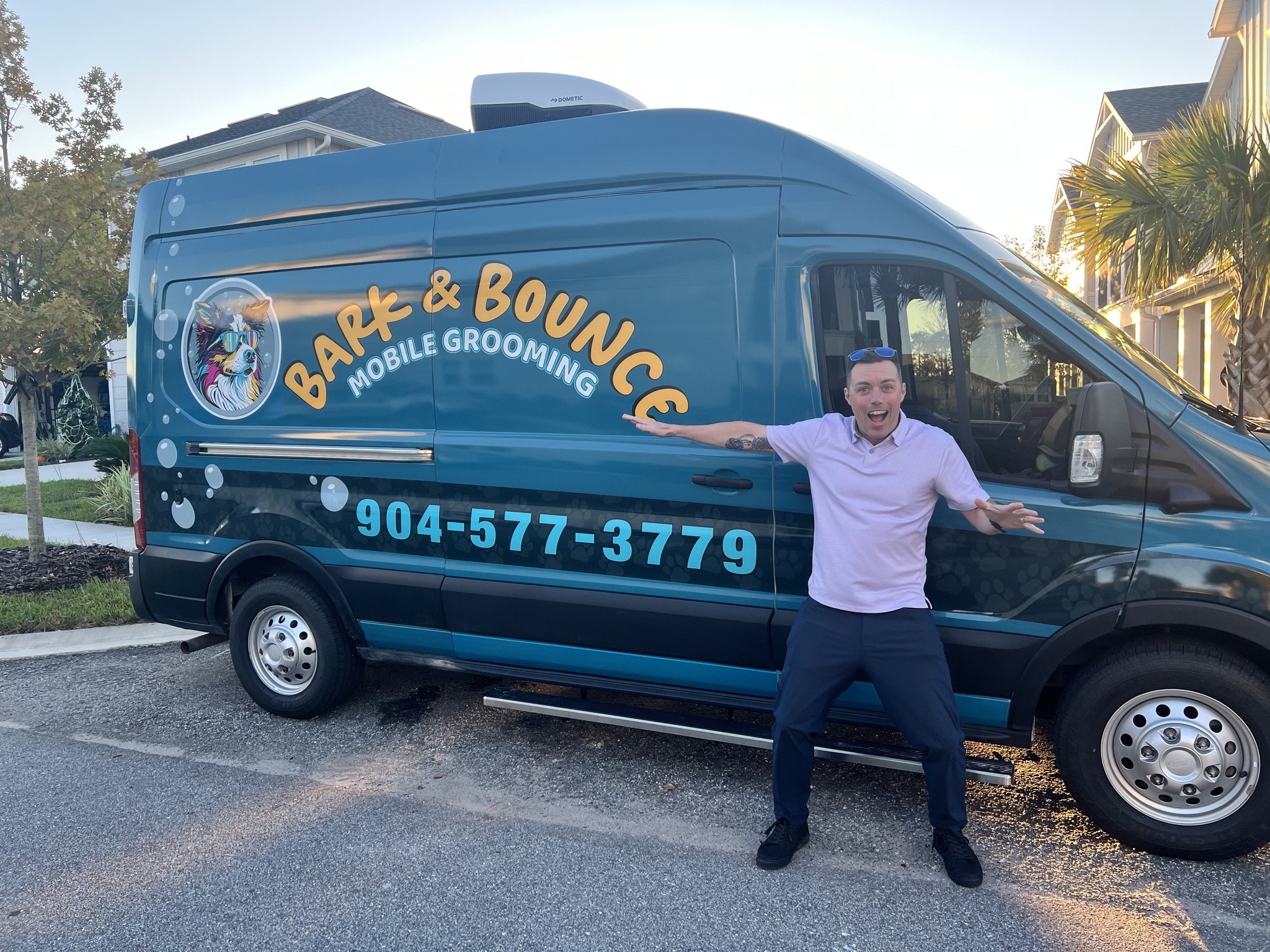 Bark & Bounce Mobile Grooming Facebook ad: At Bark and Bounce, we believe every dog…