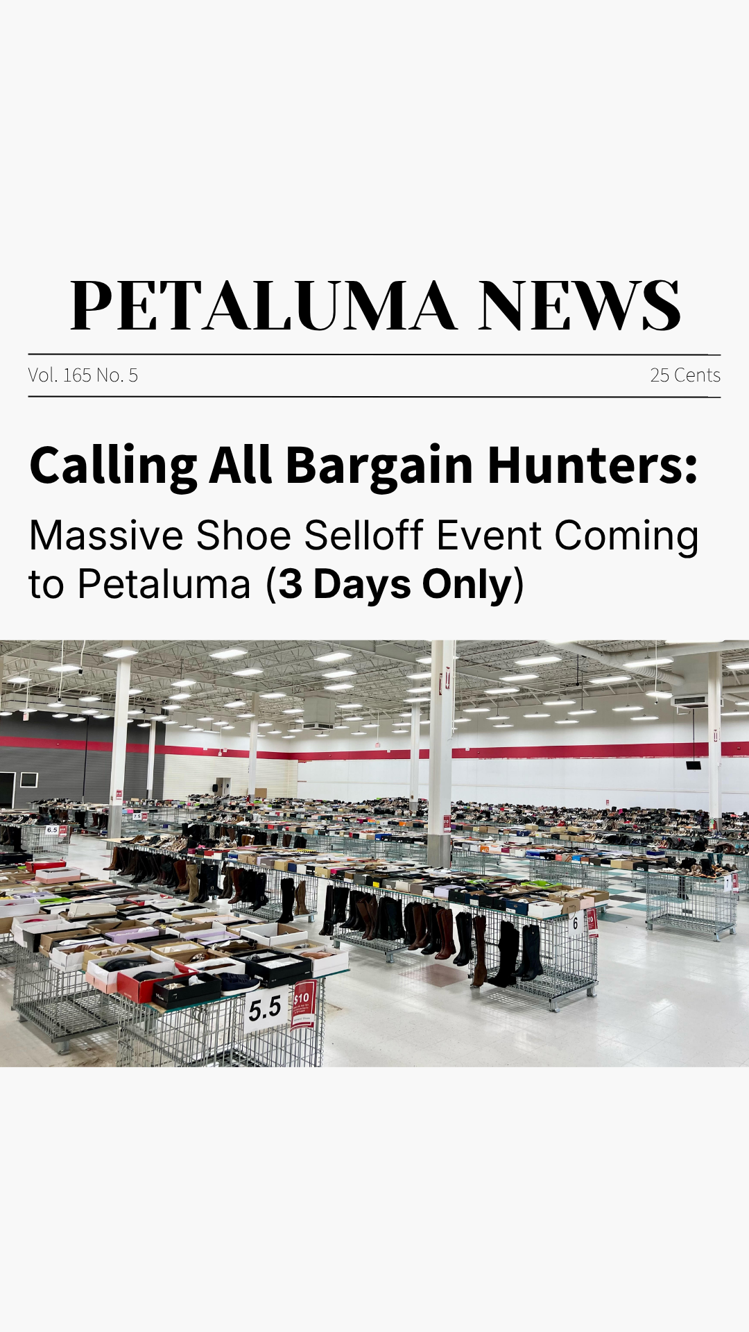 Shoe Selloff Event Facebook ad: Shoe Selloff Event | All shoes $30 or less | Petaluma, CA