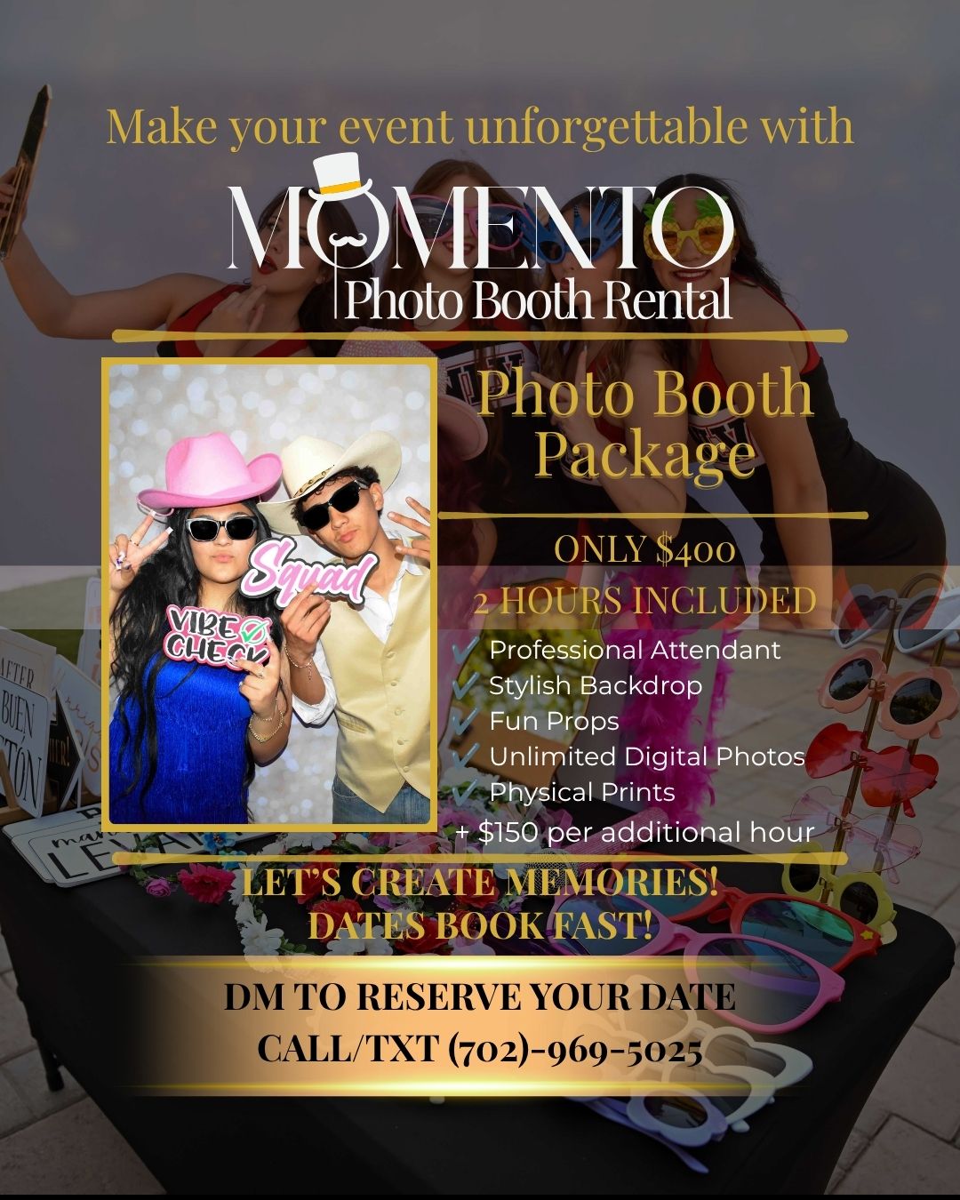 momentophotoboothrentals Facebook ad: Summer break's not over yet, and dates are…