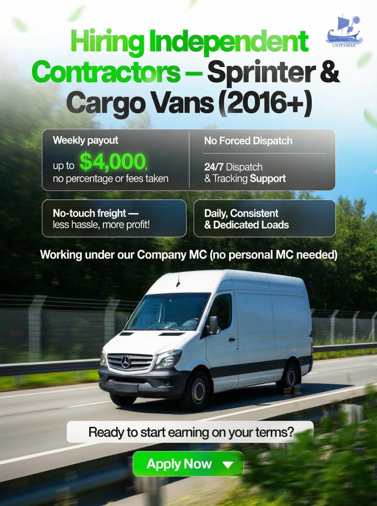 Odysseia Facebook ad: Hiring Independent Contractors - Sprinter & Cargo Vans…