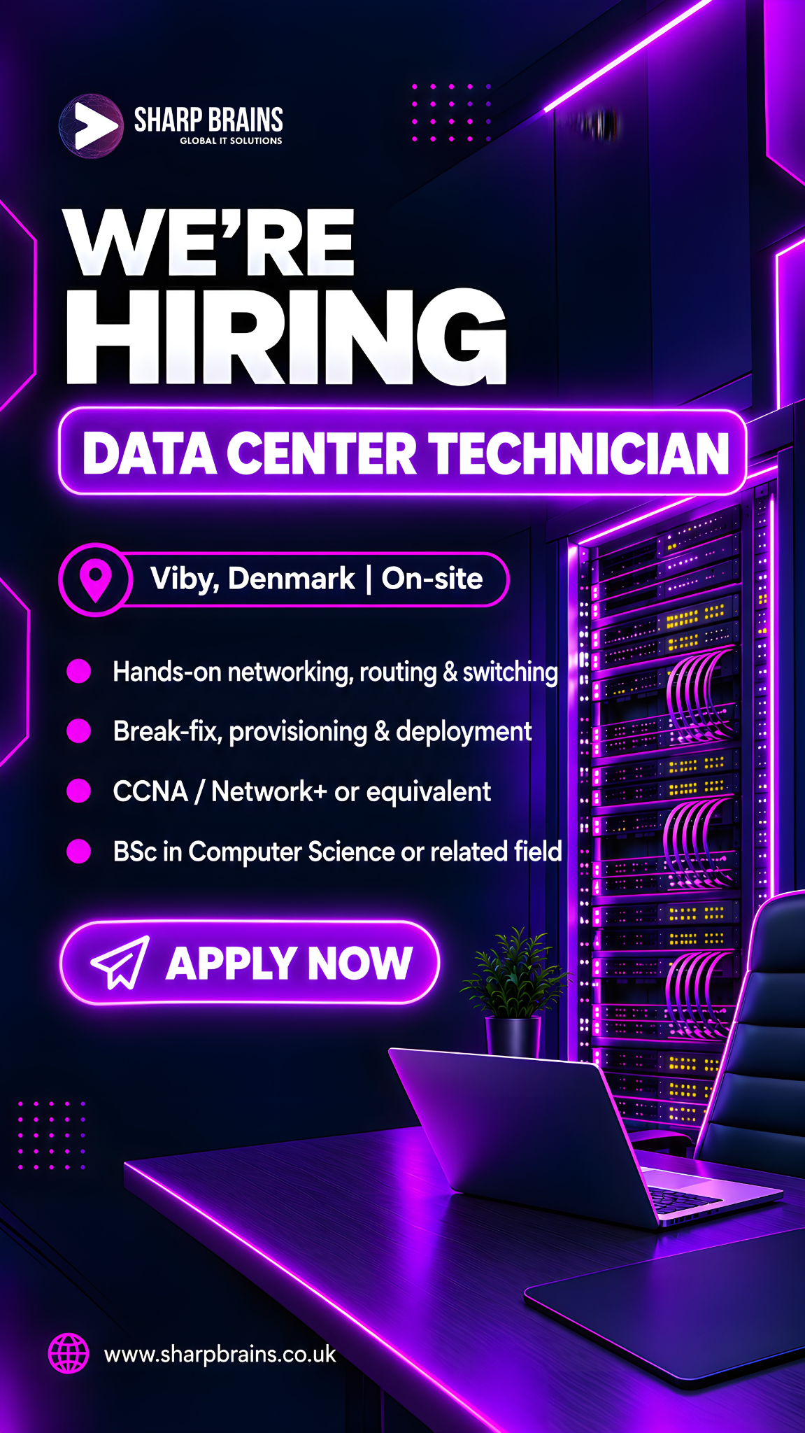 Sharp skills Facebook ad: Data Center Technician, Viby, Denmark