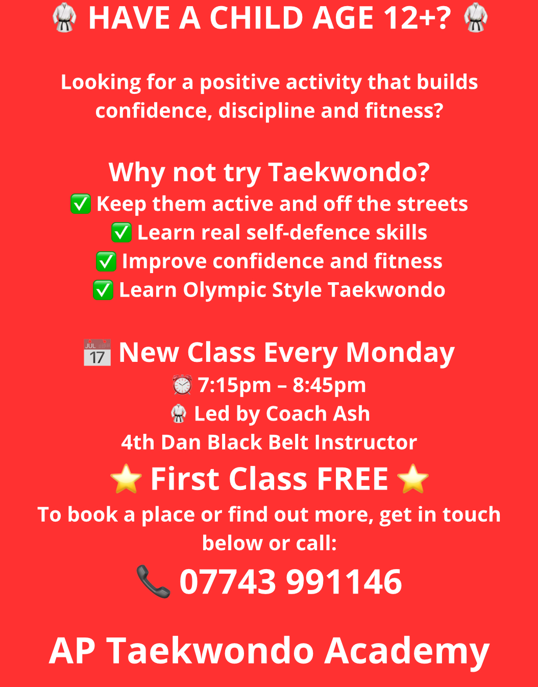 AP Taekwondo Academy Facebook ad: Teens Taekwondo Gorton!