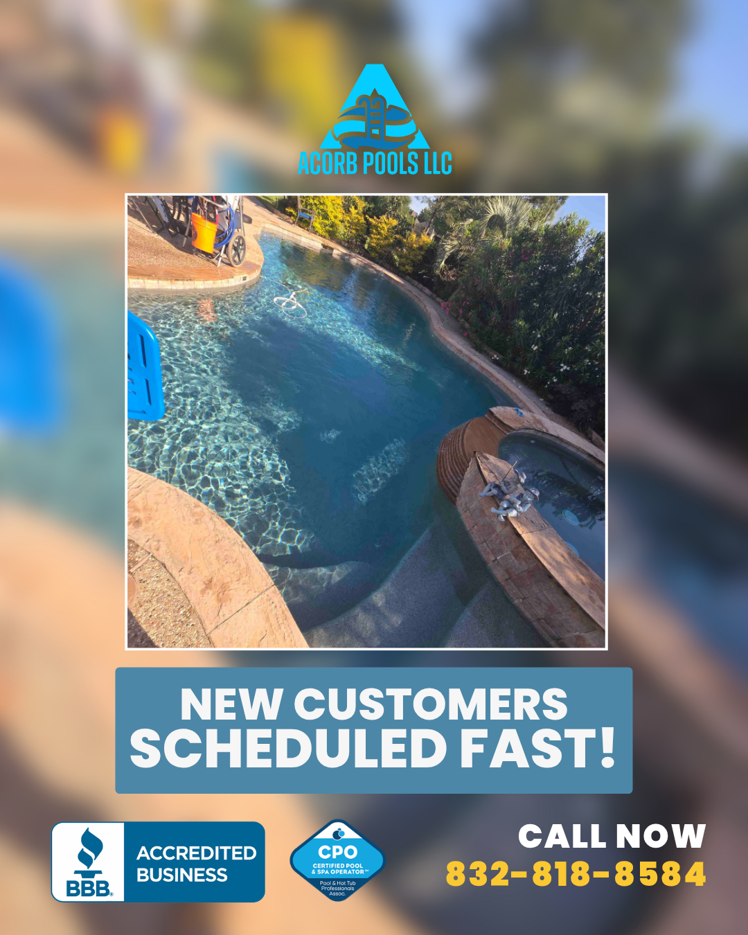 ACORB POOLS Facebook ad: Pool Service Scheduled Fast!