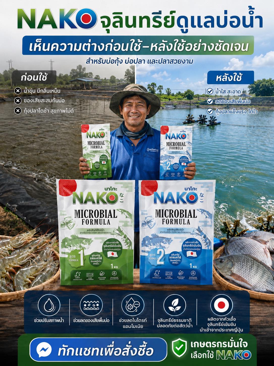 NAKO ผลิตภัณฑ์สัตว์น้ำ Facebook ad: บ่อกุ้ง บ่อปลา น้ำเริ่มเสีย มีกลิ่น ของเสียสะสม…