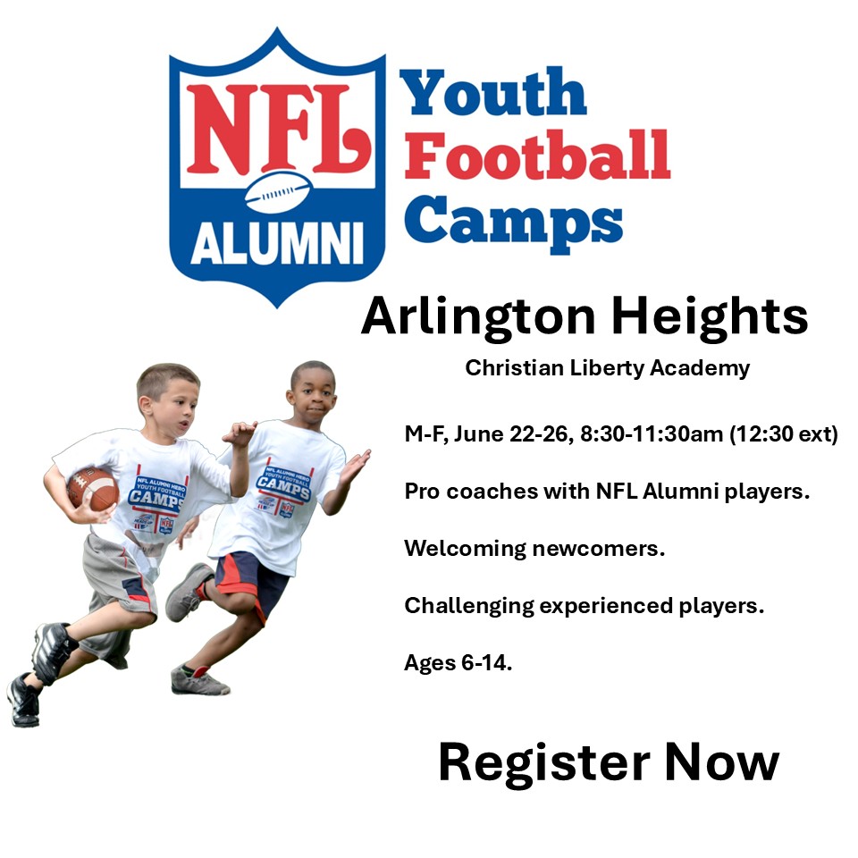Chicago NFL Alumni Youth Football Camps Facebook ad: Arlington Heights area families, a high-demand football…