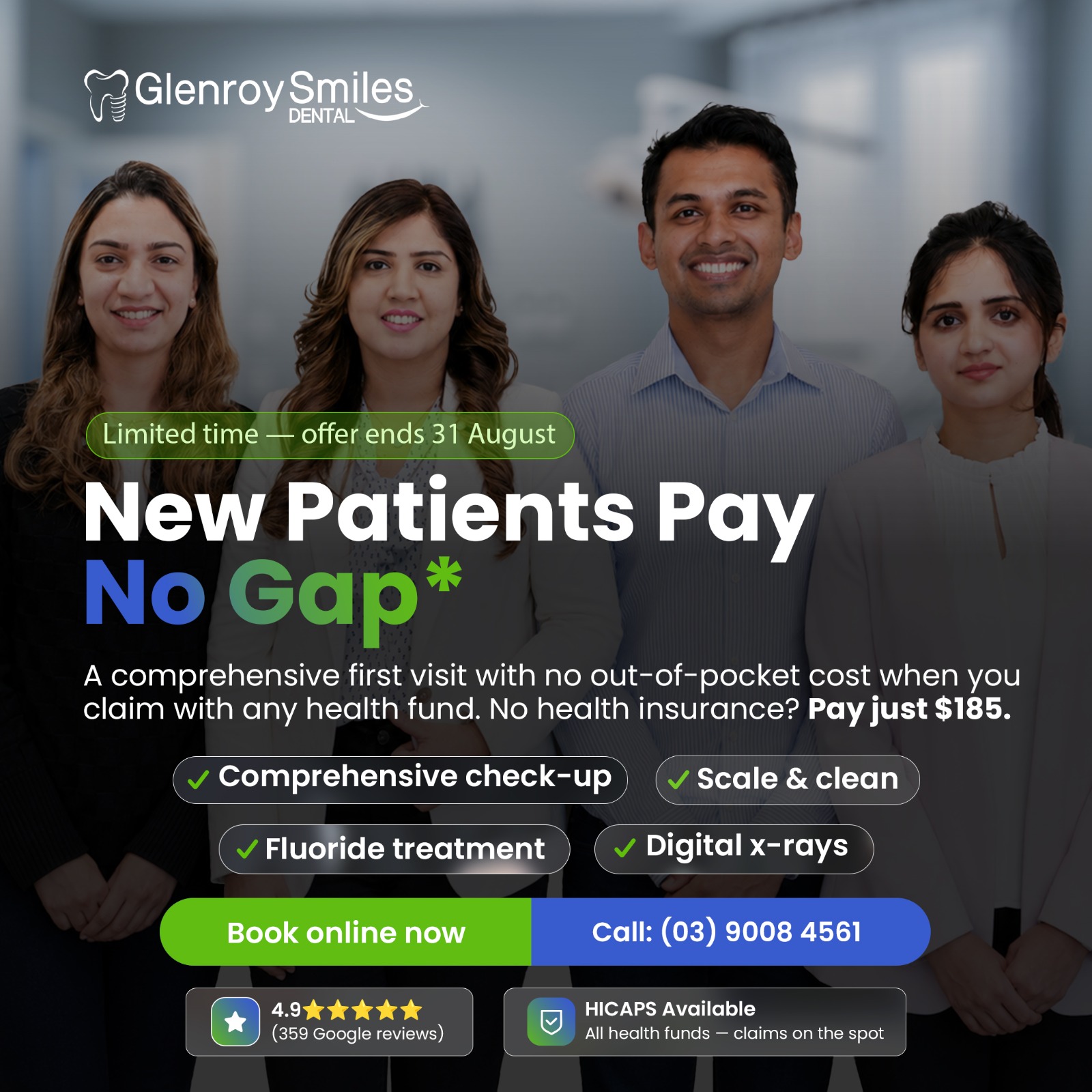 Glenroy Smiles Dental Facebook ad: New patients: your first visit could cost $0.