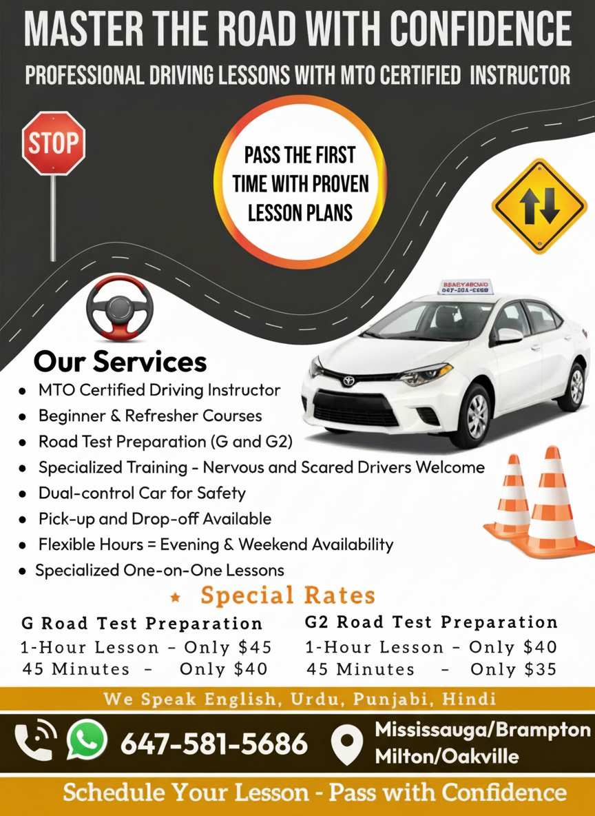 MTO Certified Driving Instructor Facebook ad: MTO-Certified Driving Lessons, Safe.