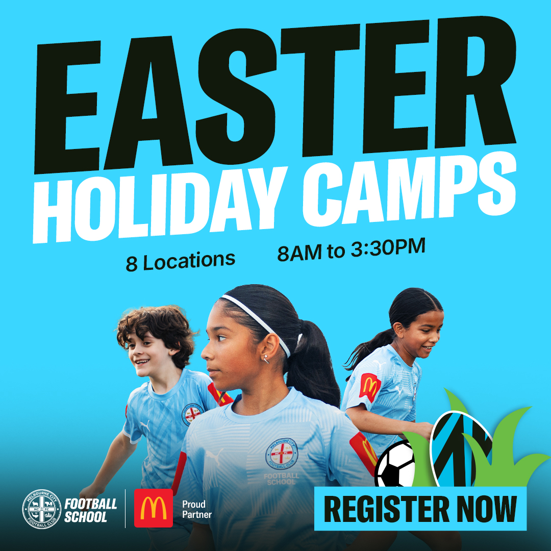 Melbourne City FC Facebook ad: School holiday football camps for kids 5-14 Learn…