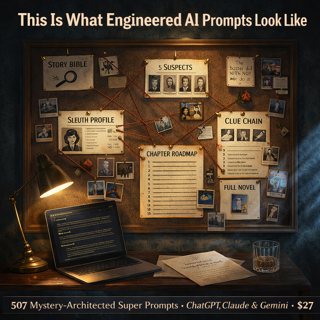 Cozy Mystery Empire Facebook ad: 507 AI Prompts That Write Complete Cozy Mystery Novels For…
