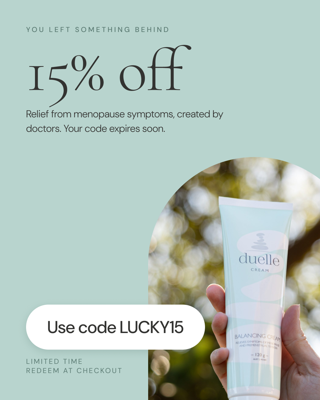 Duelle Balancing Cream Facebook ad: 15% OFF With Code ‘LUCKY15’