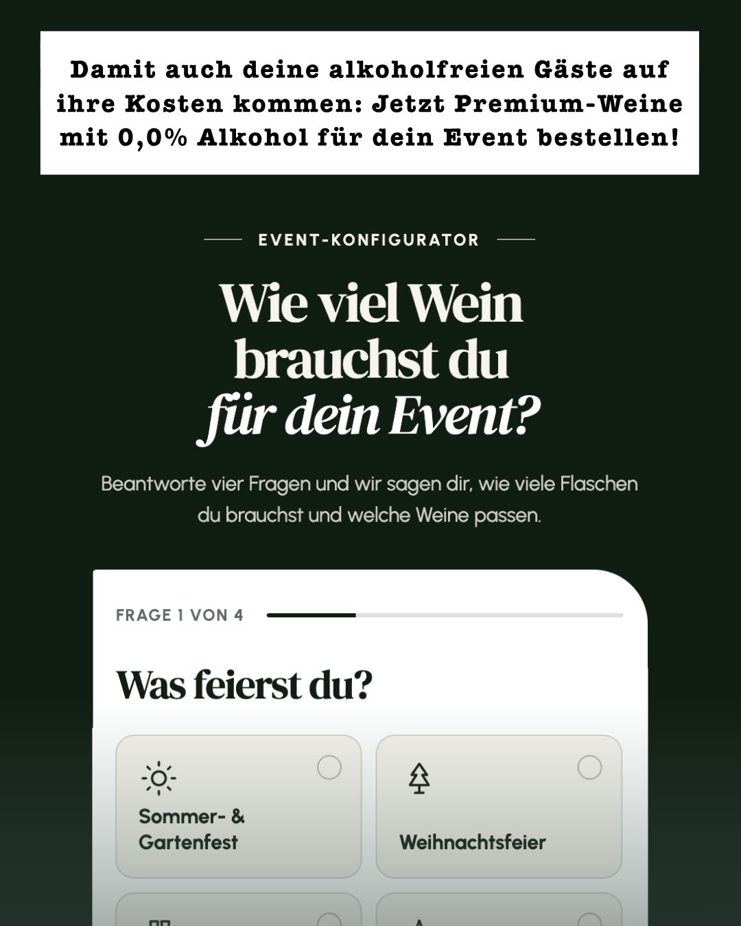 Senzo Facebook ad: Alkoholfreier Wein-Finder für dein Event