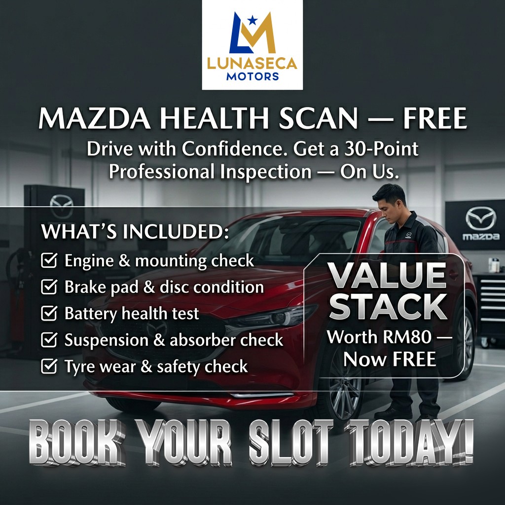 MAZDA, KIA, XPENG 4S - Lunaseca Motors Facebook ad: LABOUR DAY SPECIAL | MAZDA HEALTH SCAN, FREE