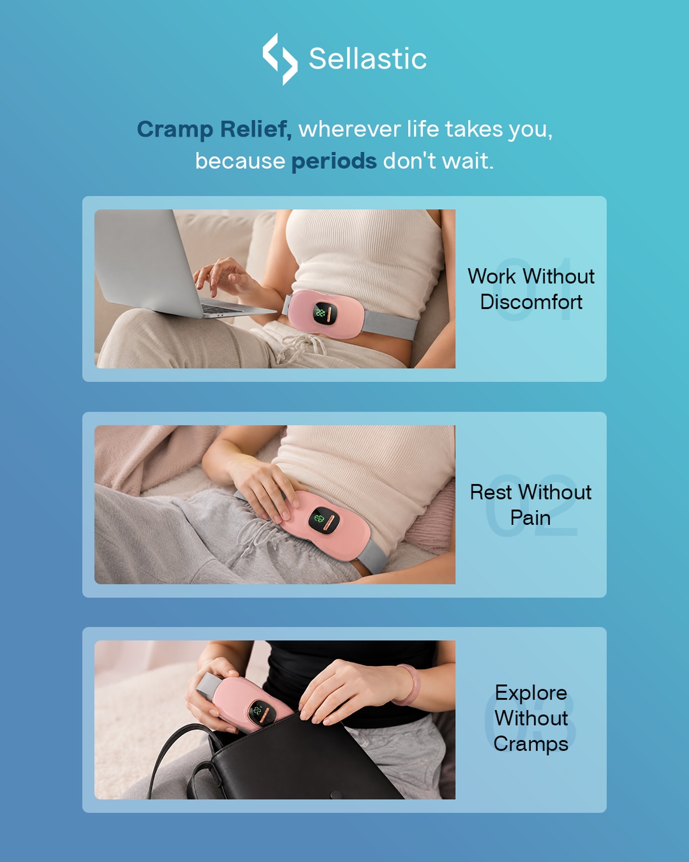 Sellastic Facebook ad: Period Cramp Relief Massager | Portable Cordless Menstrual…