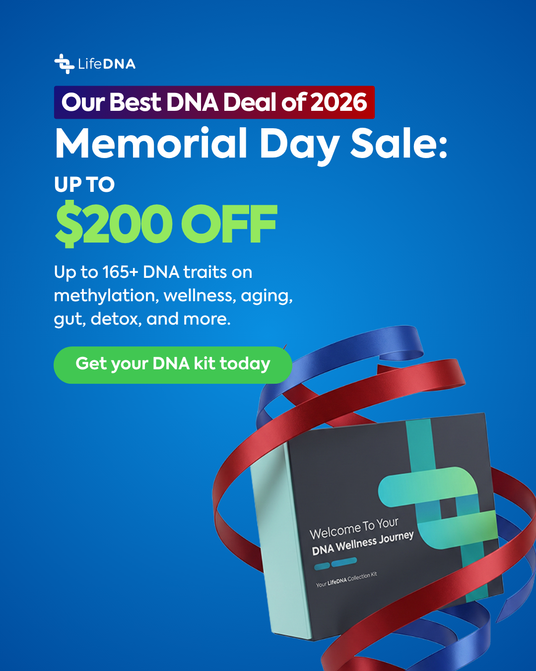 LifeDNA Facebook ad: Memorial Day Sale: Up to $200 Off Your DNA Test