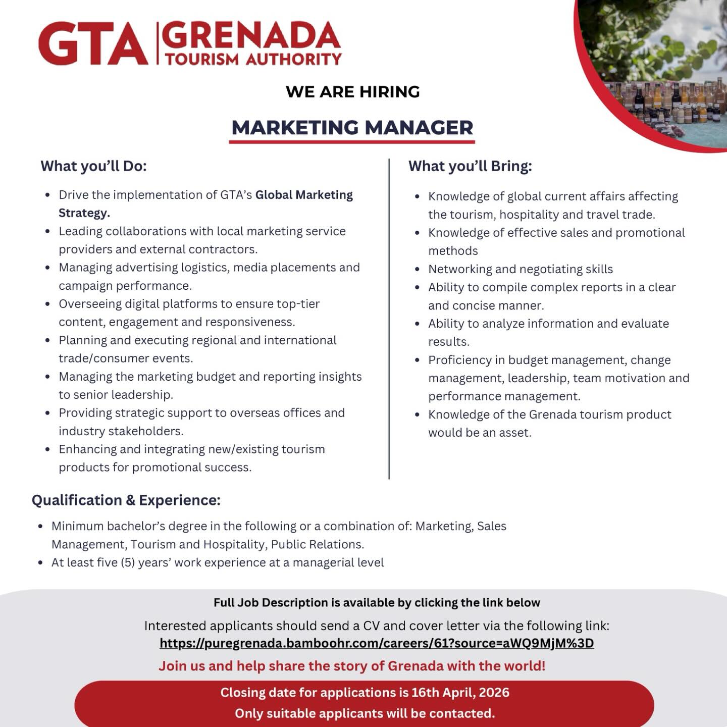 Jobs In Grenada Facebook ad: Marketing Manager, Grenada Tourism Authority