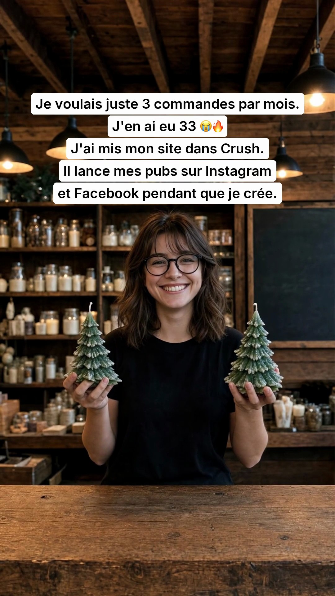 trycrush.ai Facebook ad: Je voulais 3 commandes. J'en ai eu 33.