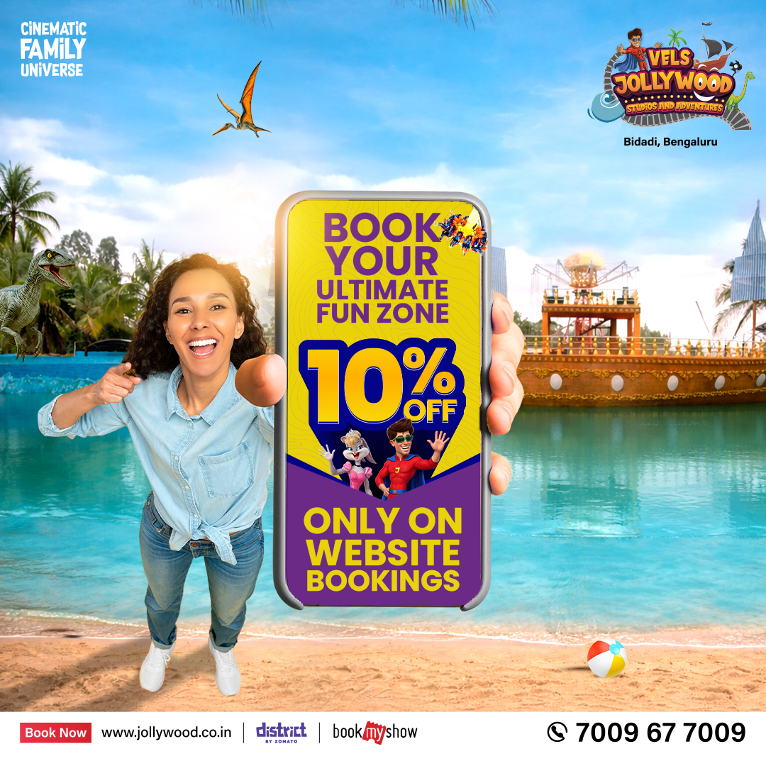 Vels Jollywood Adventures Facebook ad: Book Online & Get 10% OFF at Jollywood, Save 10% Today