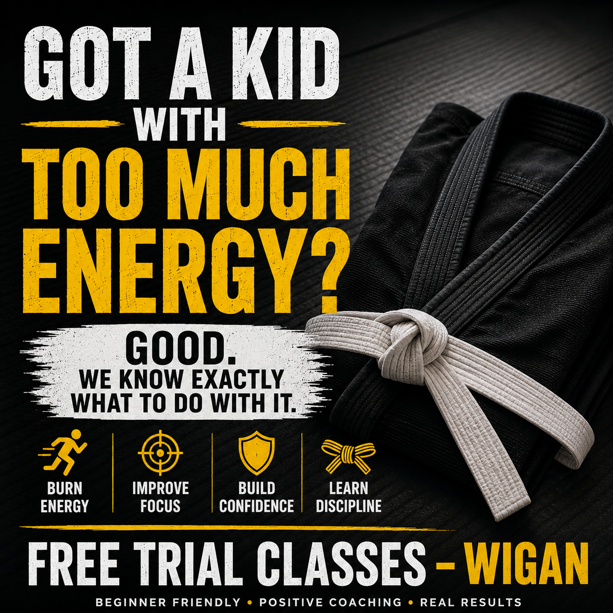 Black Dog Brazilian Jiu Jitsu Facebook ad: Got A Kid With TOO Much Energy?