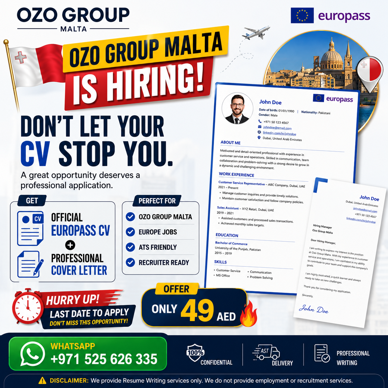 Ali Hamza Facebook ad: Europass CV + Cover Letter