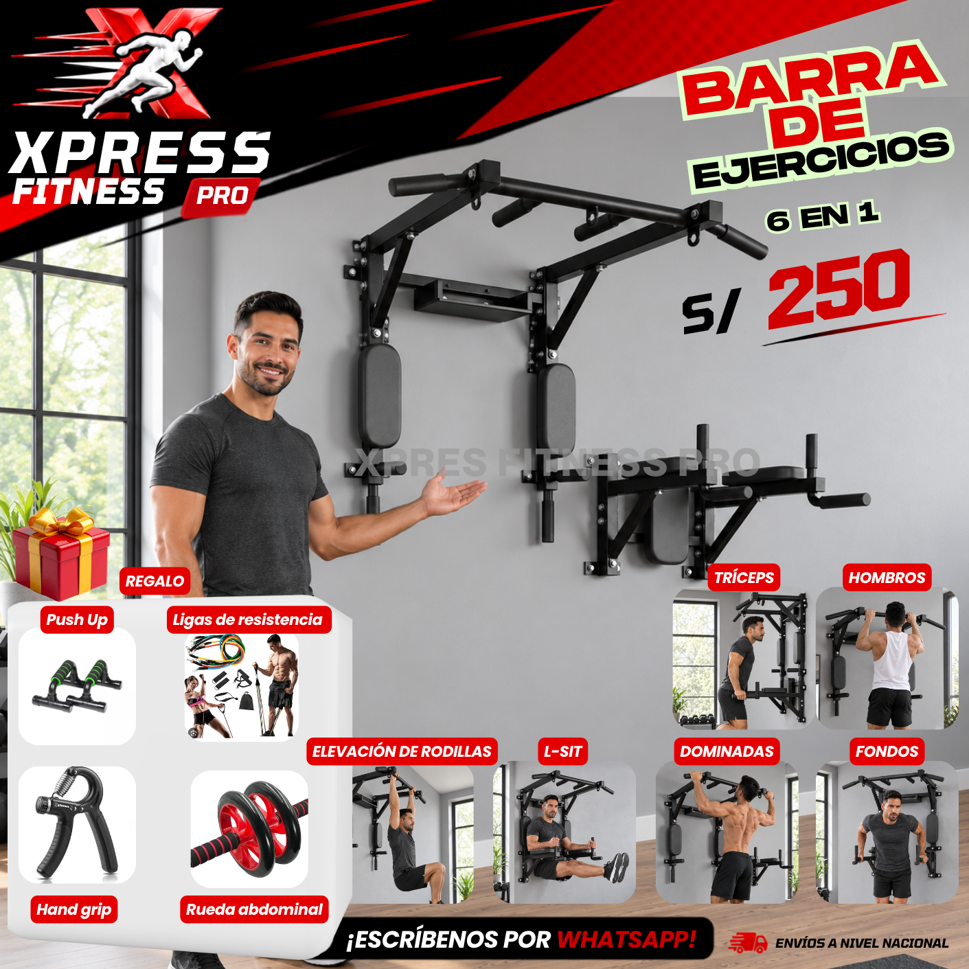 Xpress Fitness Pro Facebook ad: 6 EJERCICIOS. 1 SOLA BARRA.