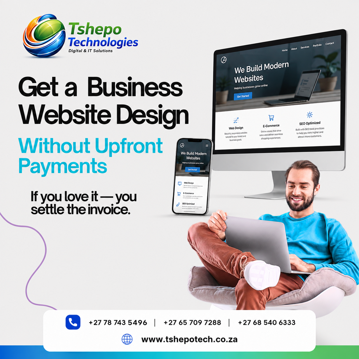 Tshepo Technologies Facebook ad: NO DEPOSIT. NO UPFRONT PAYMENT. JUST GET YOUR WEBSITE…