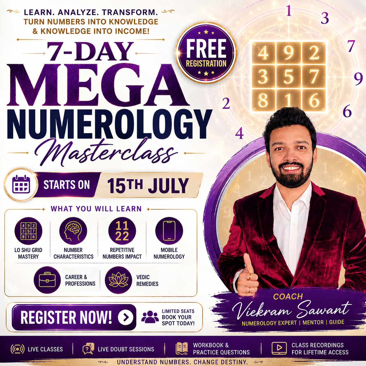 Viekram Sawant Numerologist Facebook ad: Join 7-Days FREE umerology Masterclass!