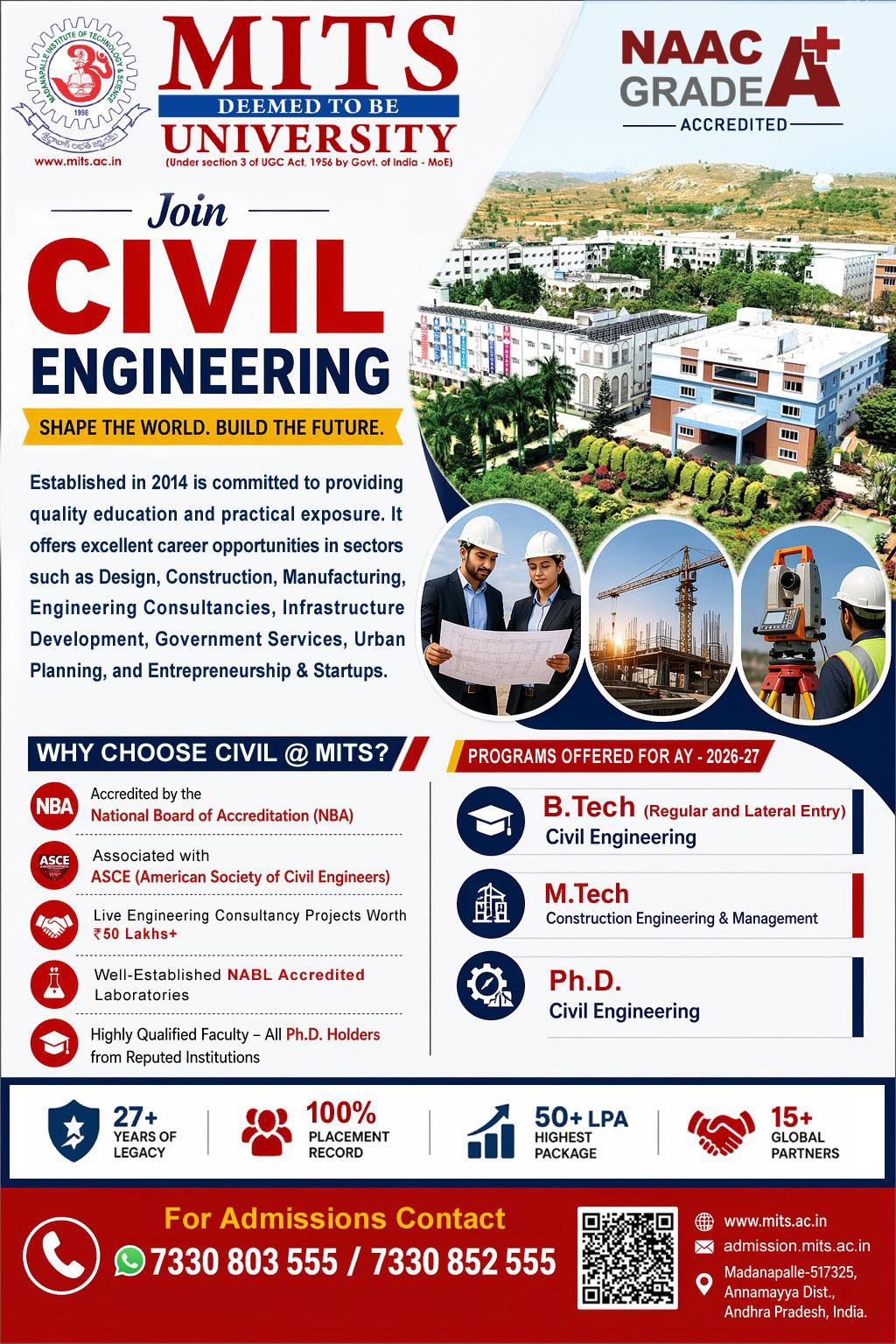 Madanapalle Institute of Technology & Science Facebook ad: Shape the World with Civil Engineering @ MITS…