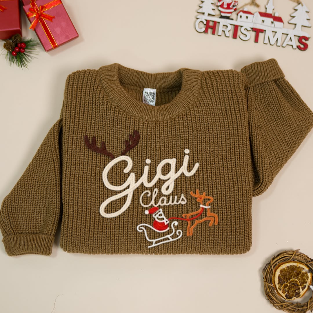 Giantbighands - Embroidered Gifts Facebook ad: Custom Gigi Claus Hand-Embroidered Sweater, Cozy Christmas…