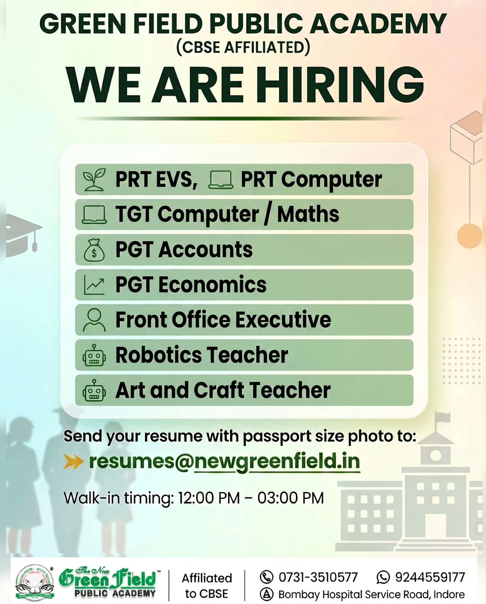 New Green Field Public Academy Facebook ad: WE ARE HIRING, Join a Premium CBSE School in Indore! Kya…