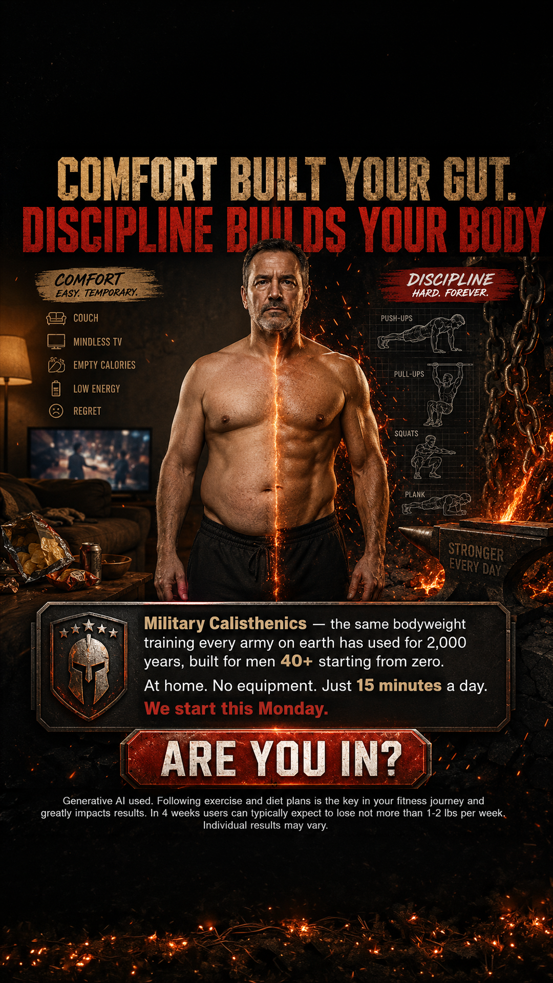 Military Training System Facebook ad: Feel Strong and Unstoppable with Military Calisthenics