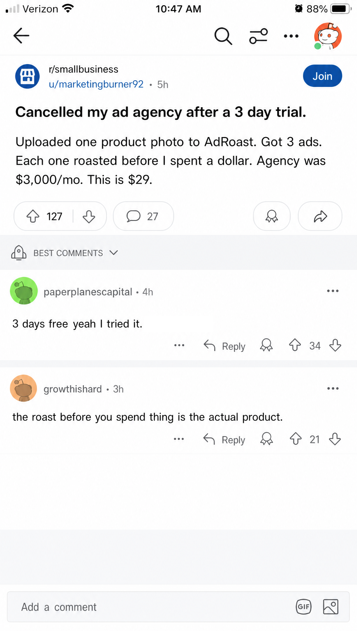 AdRoast.ai Facebook ad