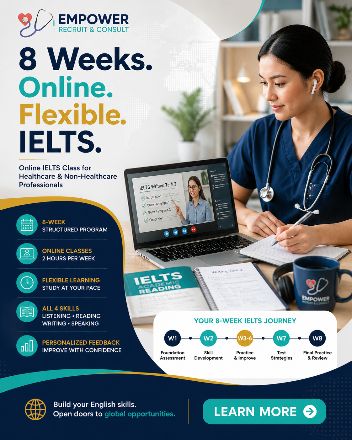 Empower Recruitment and Consulting Agency Facebook ad: 8 Weeks. Online. Flexible. IELTS.