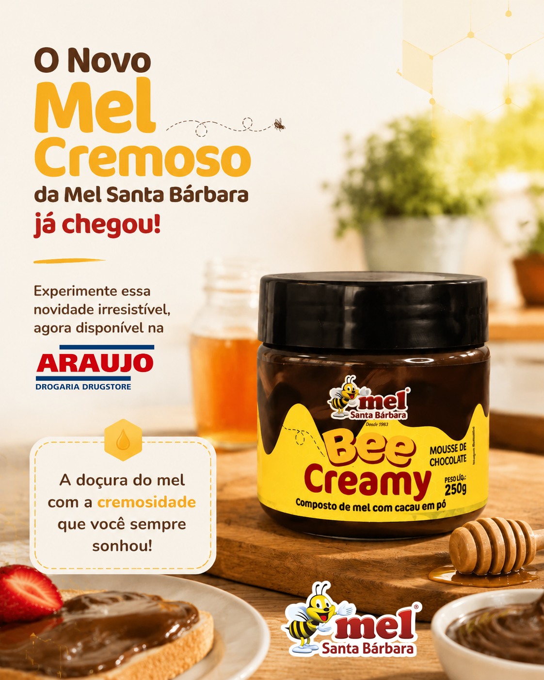 Mel Santa Bárbara Facebook ad: Bee Creamy - Mel Cremoso Sabor Mousse de Chocolate pote…