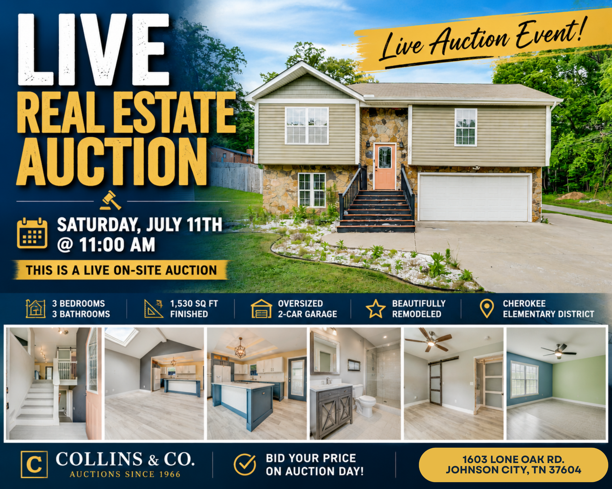 Collins & Co Realtors and Auctioneers Facebook ad: Live Auction: July 11th @ 11 AM!
