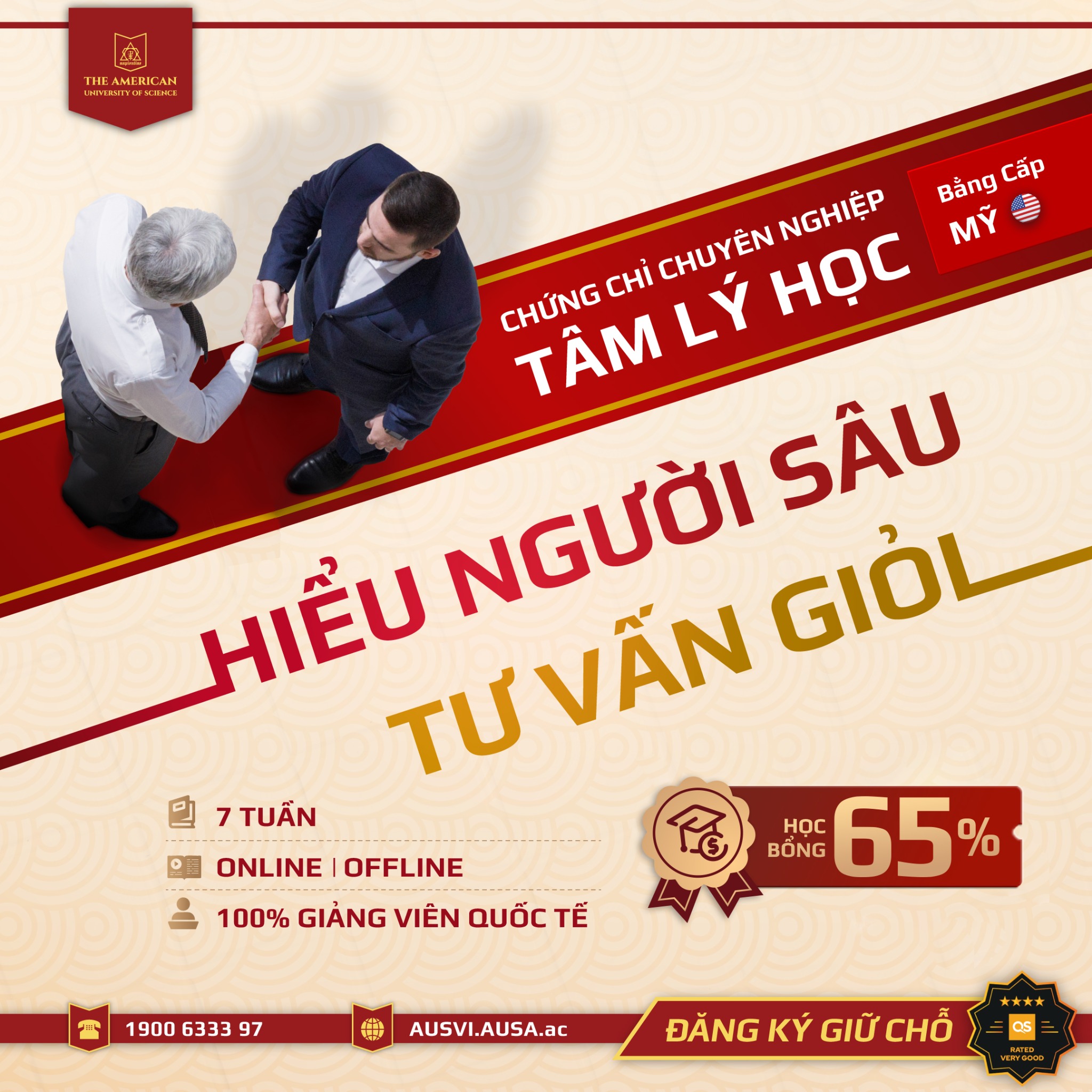 The American University of Science - AUS Facebook ad: 7 Tuần Học Tâm Lý Ứng Dụng, Học Bổng Lên Đến 65%