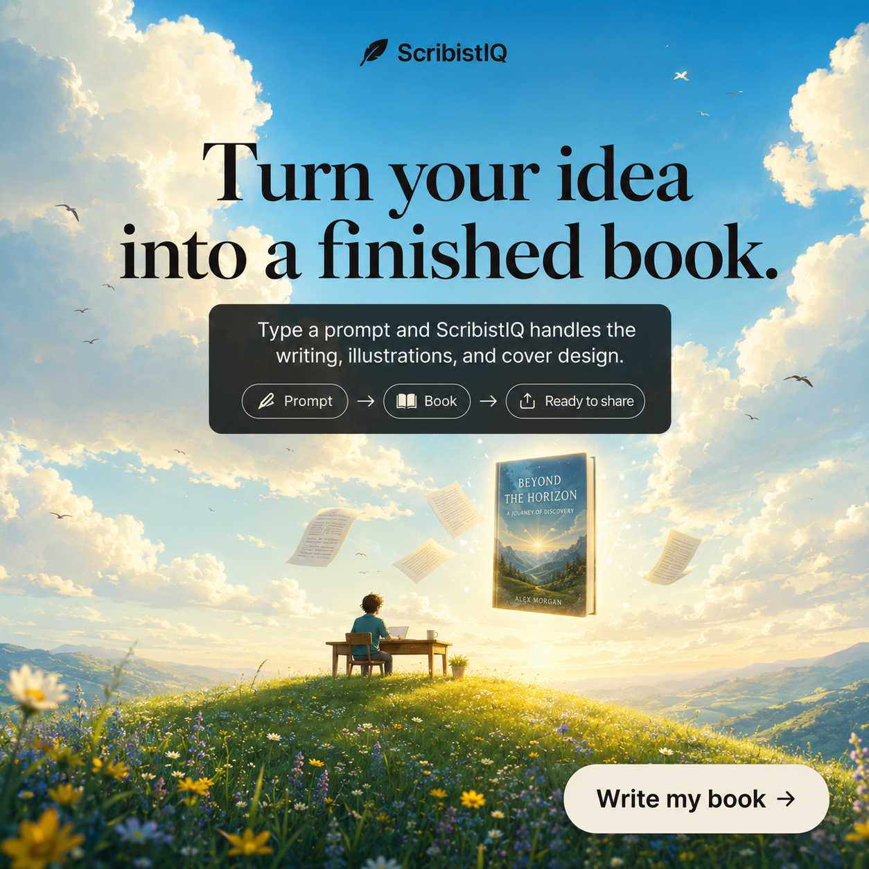 Scribist IQ AI Book Generation Facebook ad: Type one sentence. Get a finished book.