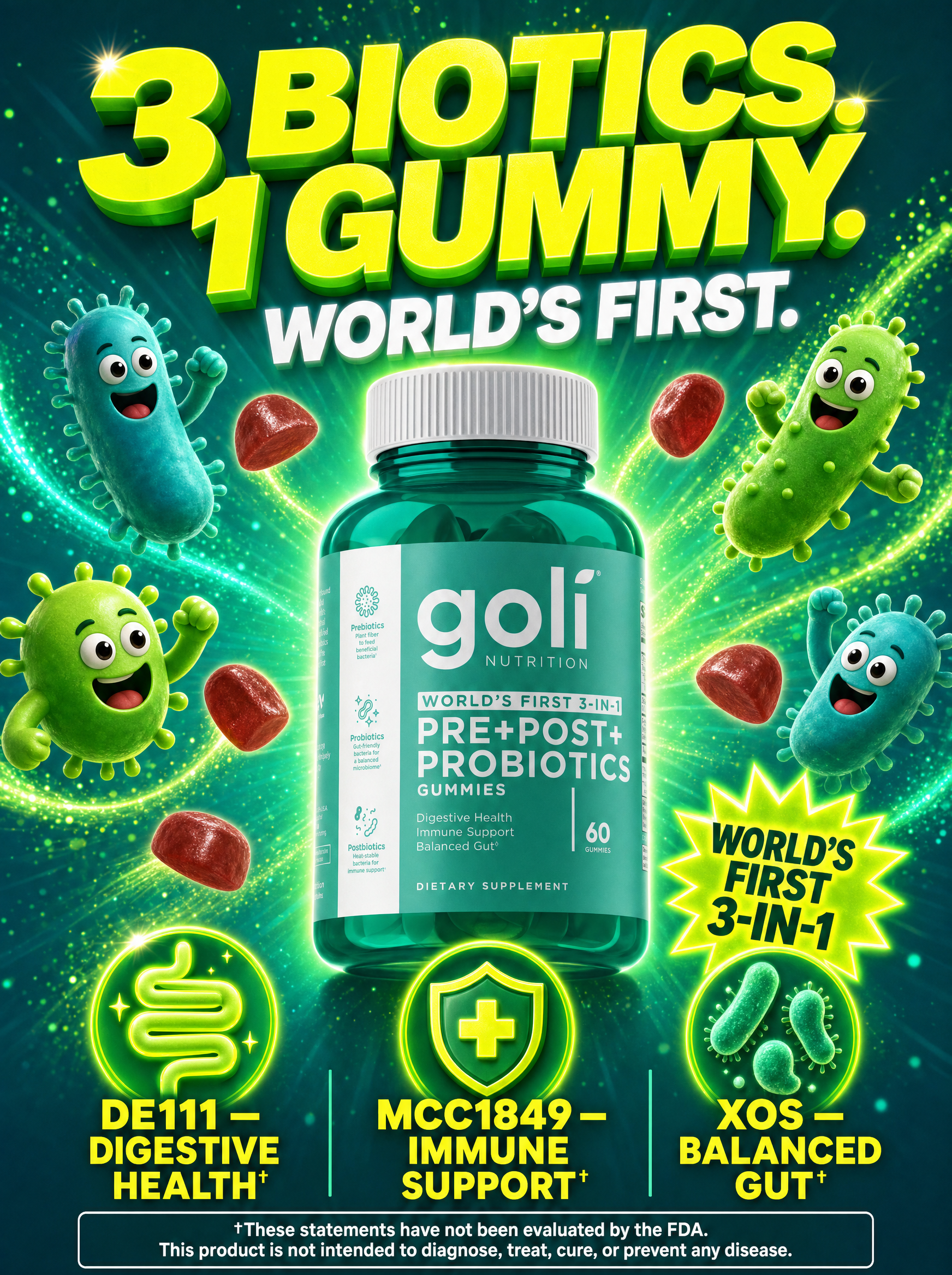 Goli Facebook ad: Three Biotics. One Gummy. World's First.