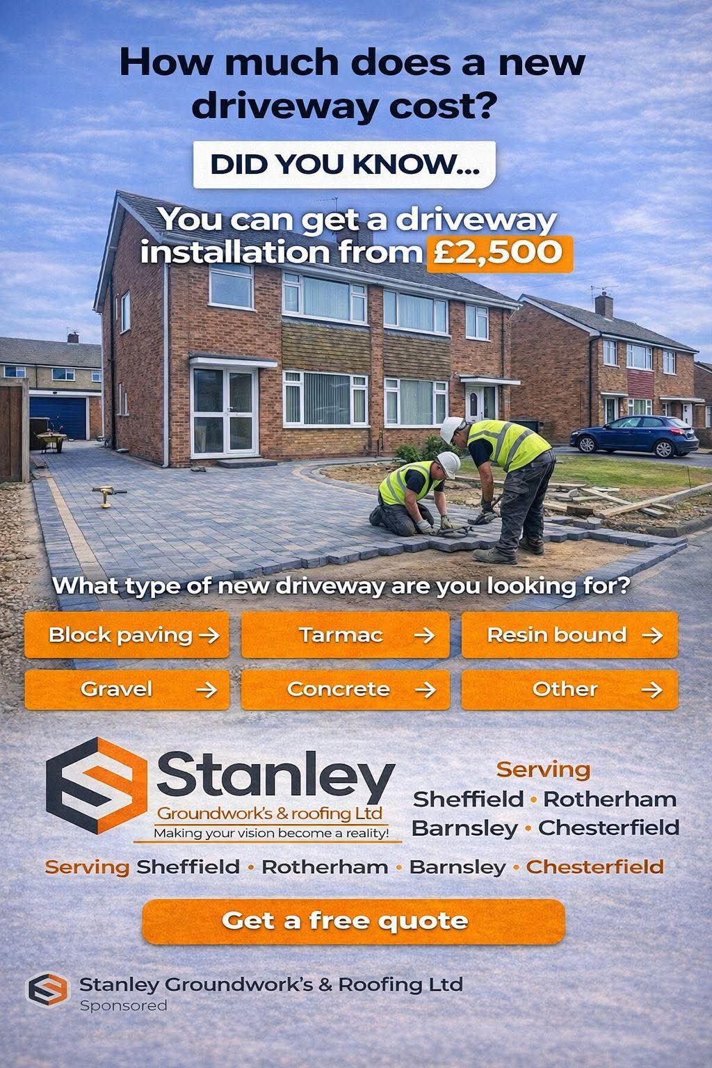 Stanley groundwork’s & roofing Ltd Facebook ad: Get Your Dream Driveway or patio!