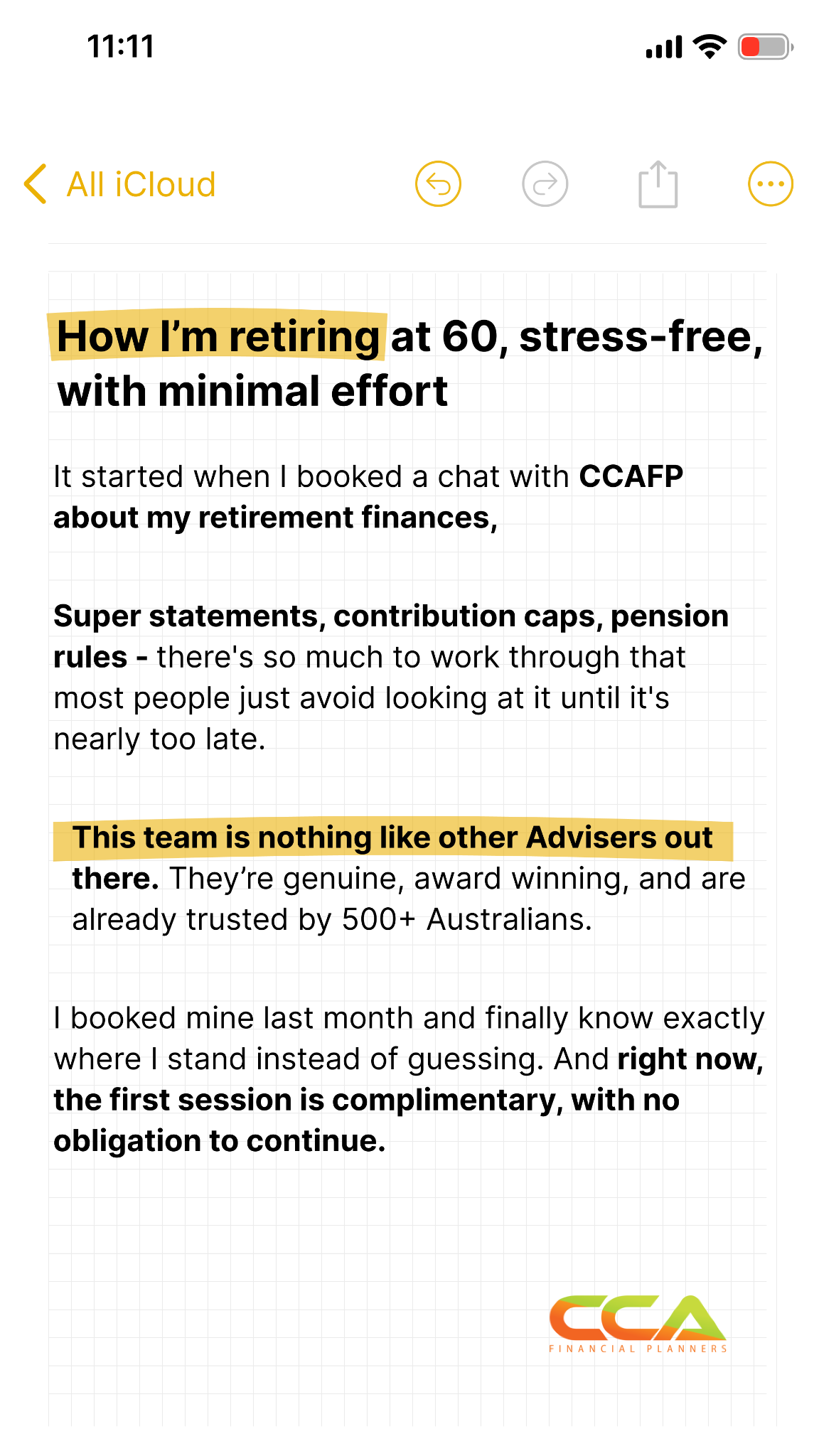CCA Financial Planners Facebook ad from Aug 13, 2026