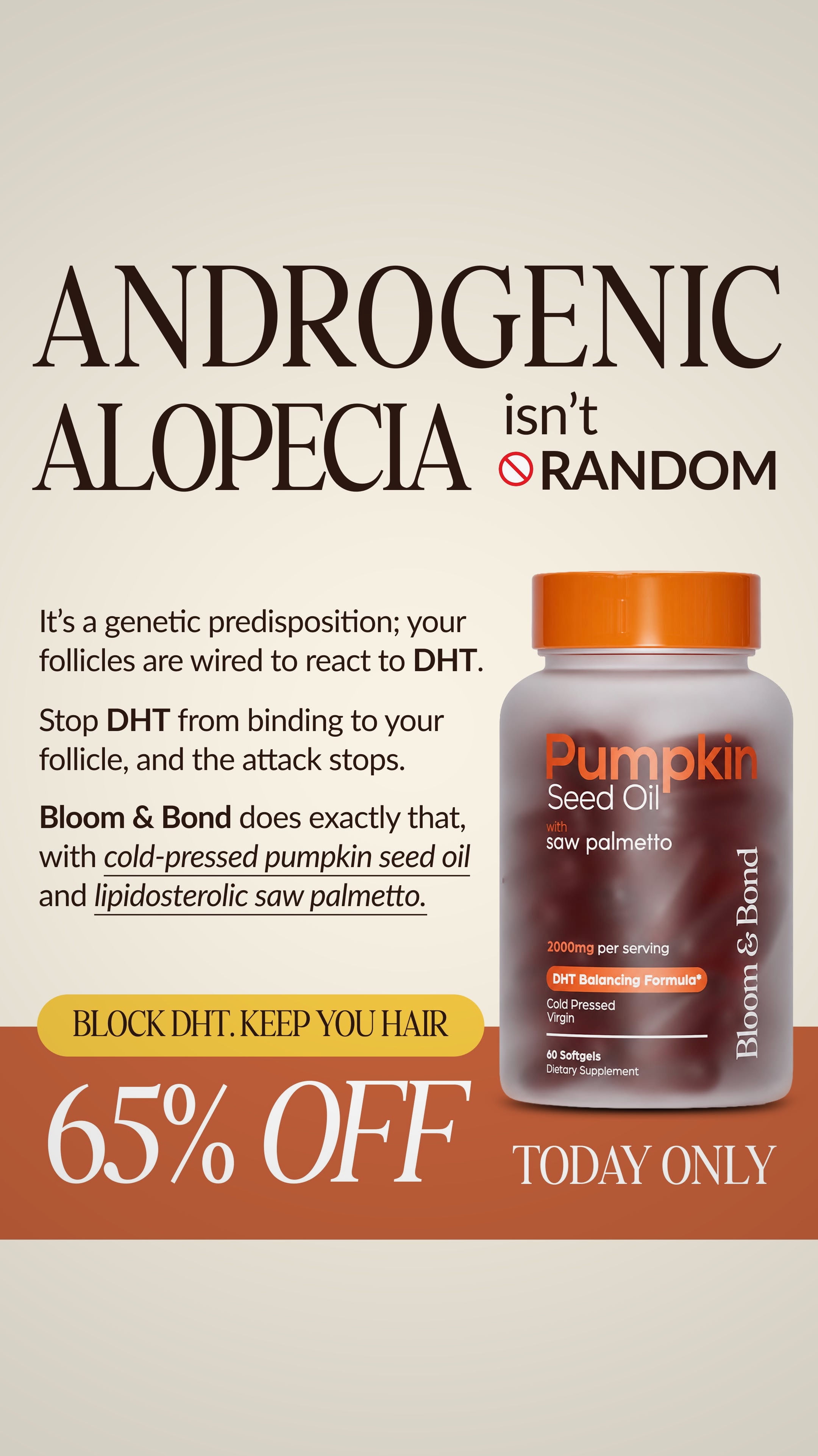 Bloom & Bond Facebook ad: Menopause androgenic alopecia it’s not for life.