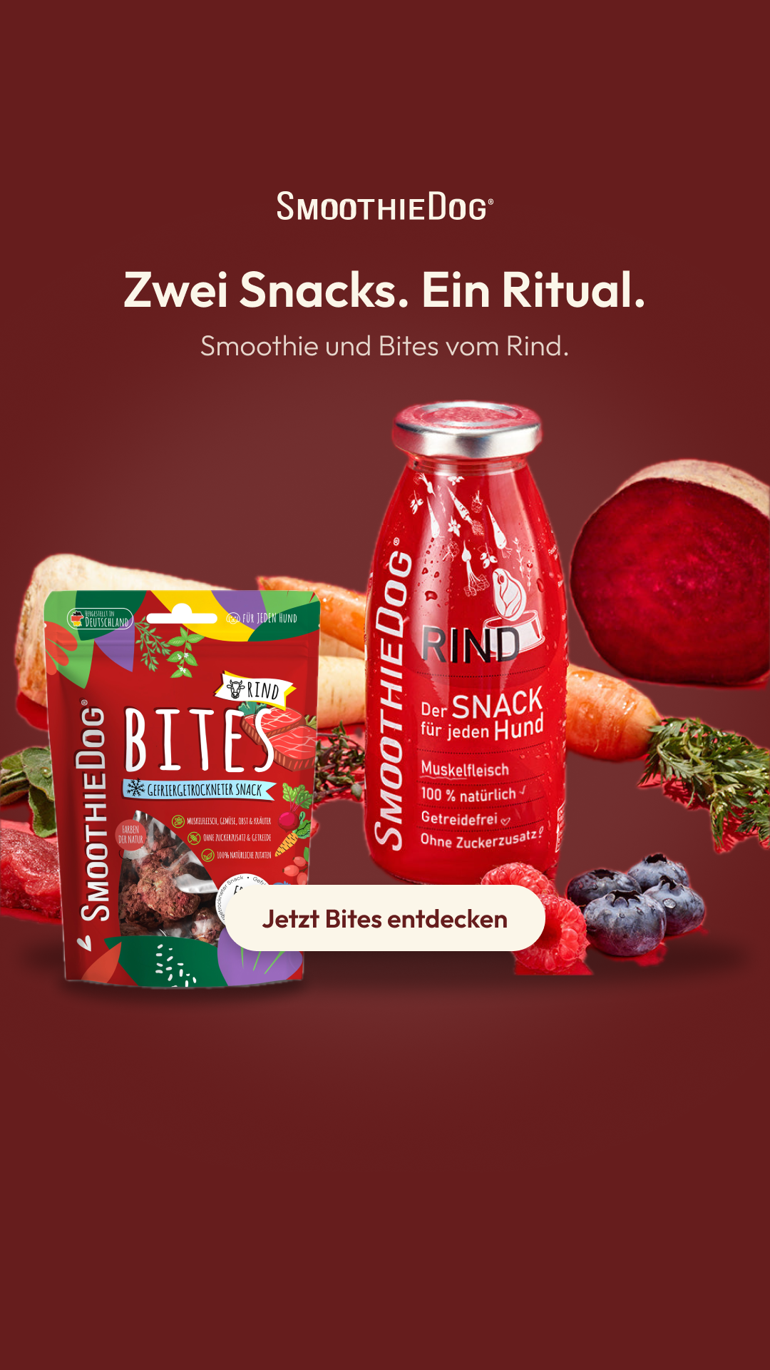 SmoothieDog Facebook ad: Premium-Snack mit Rind