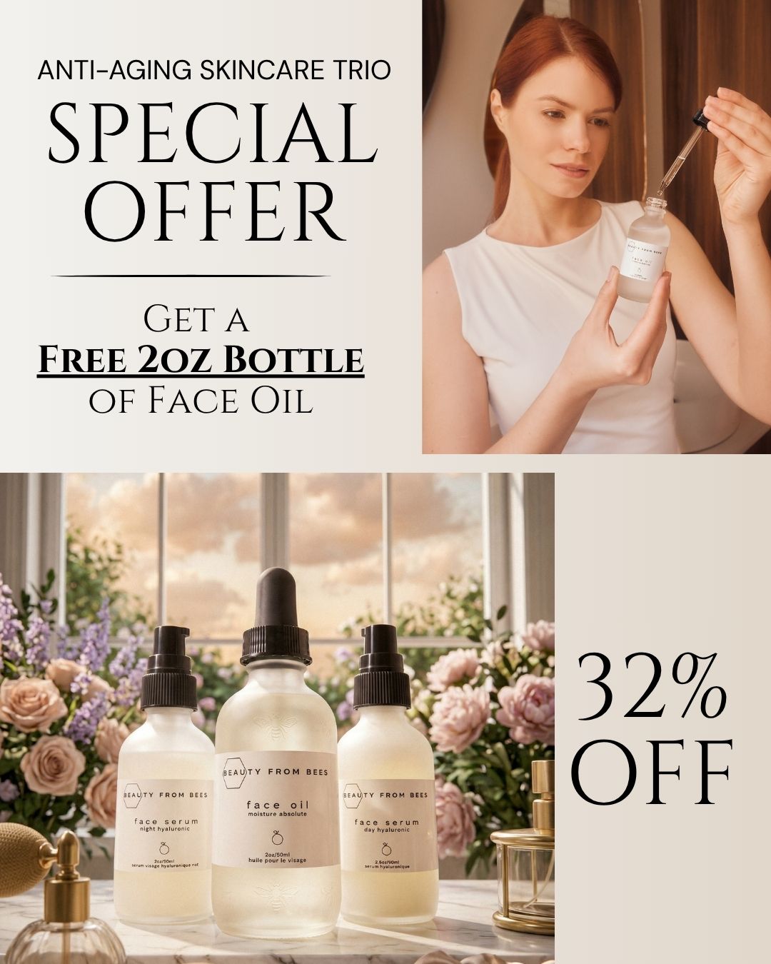 Beauty From Bees Facebook ad: Get 1 FREE Full Sized 2oz Bottle of Face Oil
