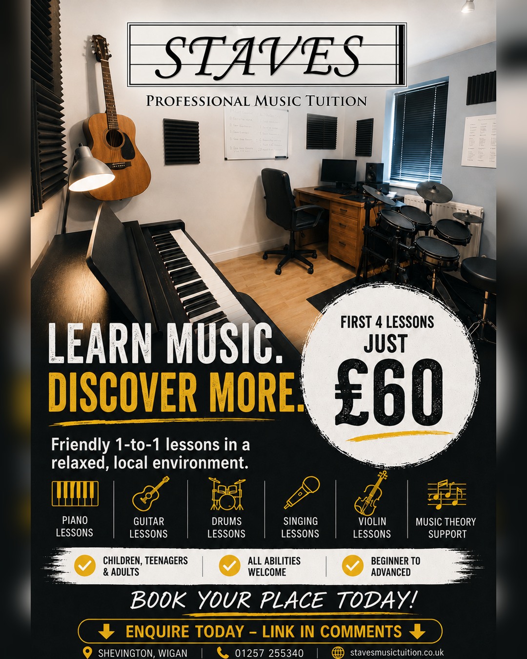 Staves Music Tuition Facebook ad: Welcome to Staves Music Tuition - Your Path to Musical…