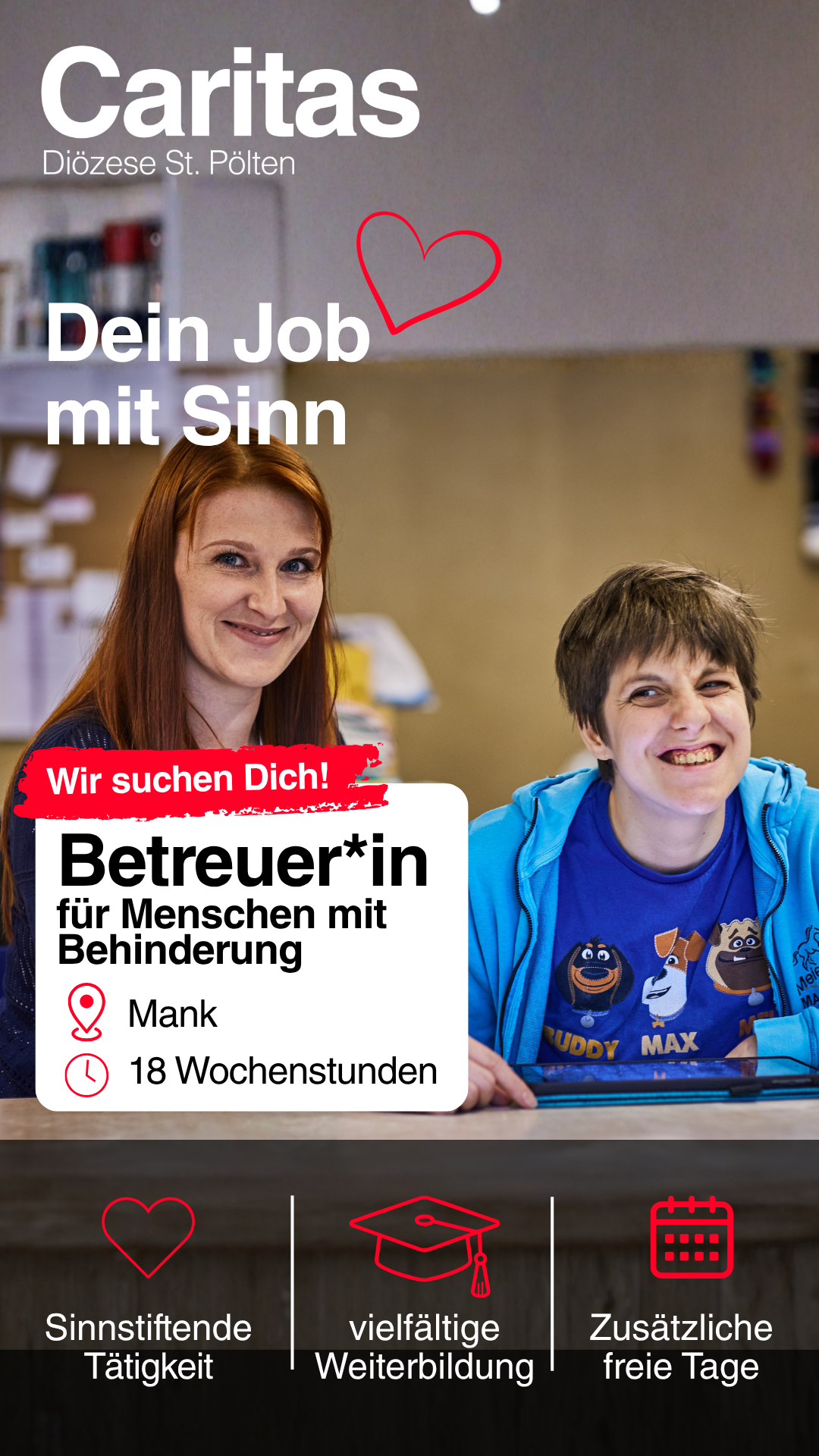 Caritas Mittendrin (St. Pölten & NÖ-West) Facebook ad: Bewerbung als Behindertenbetreuer*in für die Werkstatt…