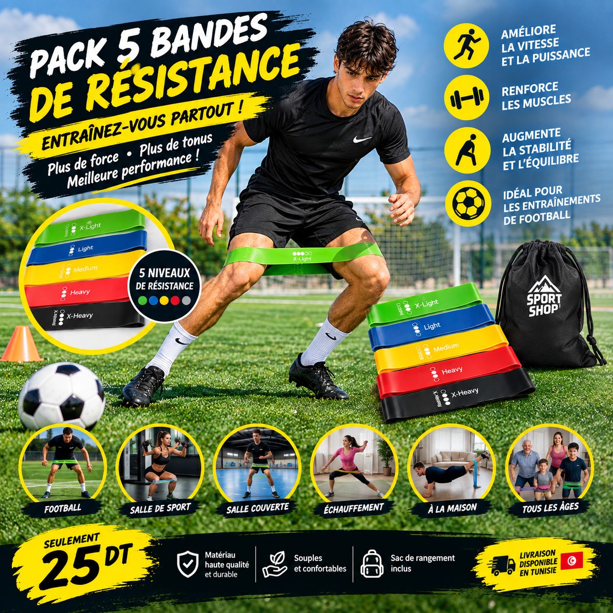 Sport Shop Facebook ad: PACK 5 BANDES DE RÉSISTANCE, seulement 25 DT!