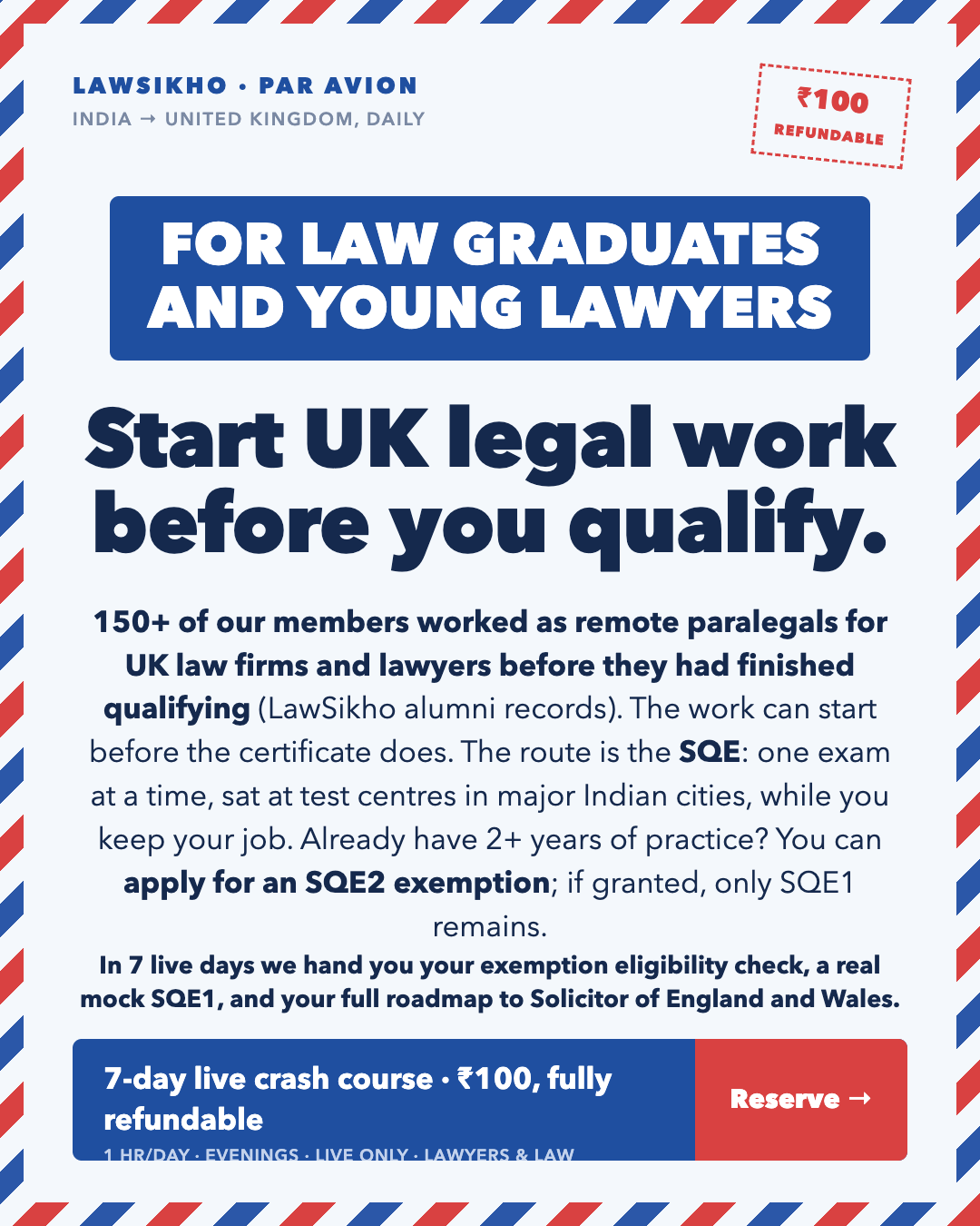 LawSikho Facebook ad: Start UK legal work before you qualify