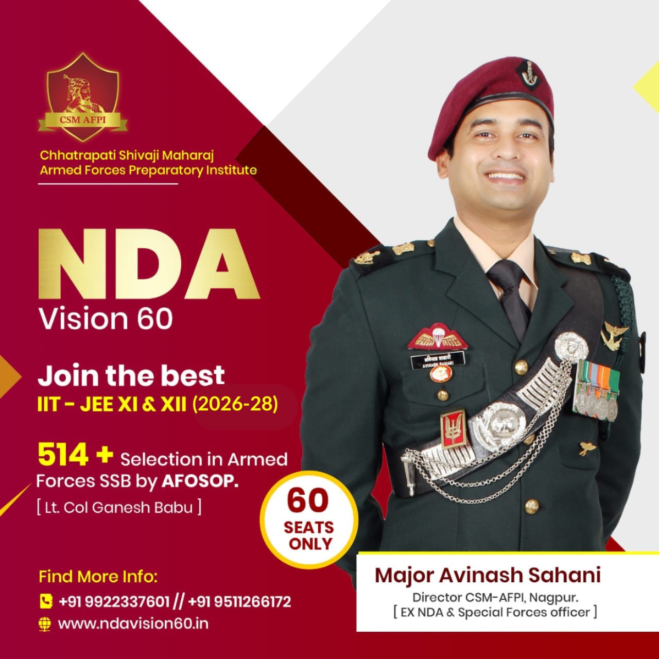 Chhatrapati Shivaji Maharaj Armed Forces Preparatory Institute, Nagpur Facebook ad: NDA Vision 60, CSM AFPI, Nagpur